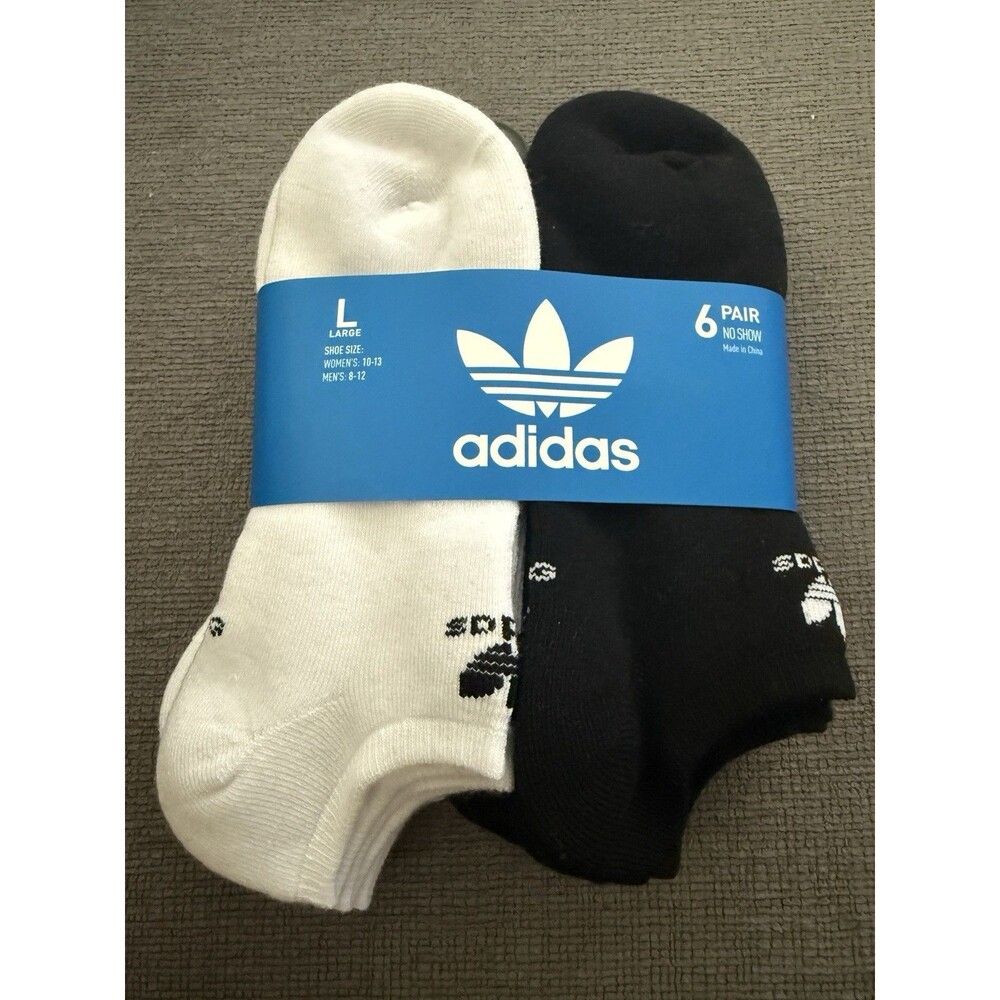 Adidas Originals 6 Pair No Show Socks Large White Black NWT Men 8-12 Women 10-13